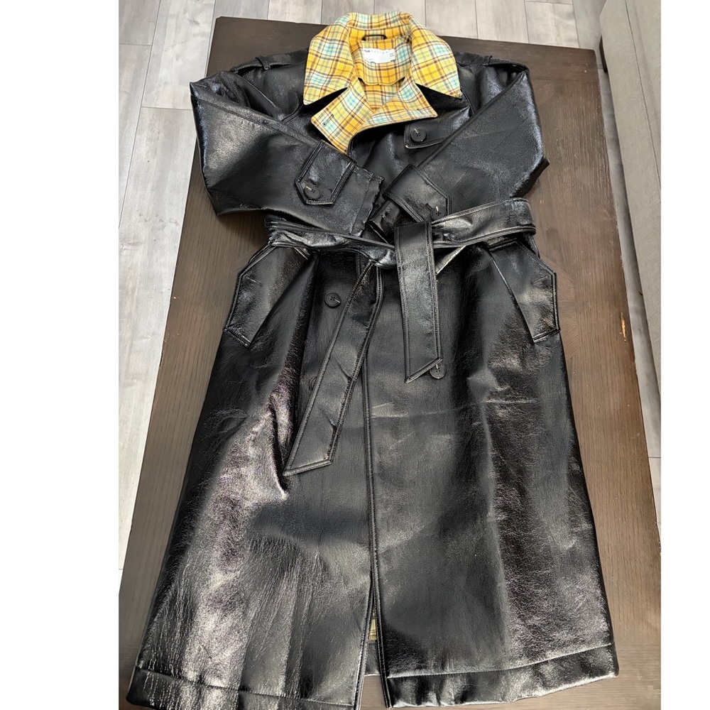 Black Leather Trench Coat with Yellow Plaid Lining